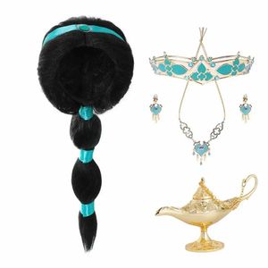 Charm Girls Aladdin Princess Accessoire Jasmine Party Tiara Crown Collier Boucles d'oreilles Lampe Magique Cheveux Synthétiques Enfants Jasmine Dress Up Perruque