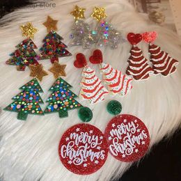 Charm Glitter Pendientes coloridos del árbol de Navidad para las mujeres Nueva estrella de moda Pendientes redondos de acrílico del perno prisionero Regalos de la joyería del partido de Navidad Y240328