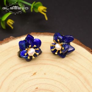Charme GLSEEVO naturel eau douce perle boucles d'oreilles pour femmes Lapis Lazuli pierre fleur boucle d'oreille pour fête argent 925 bijoux GE0616