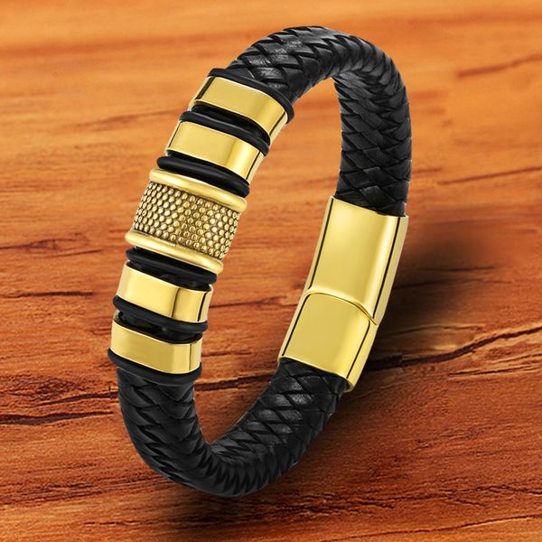 Bracelet à breloques en or pour hommes, en acier inoxydable, en cuir véritable, vente en gros, accessoires, bijoux, bracelets magnétiques en or et noir