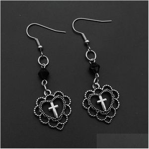 Charme Gothic Punk Stijl Holle Hart Kruis Charms Hanger Oorbellen Relin Dark Art Goth Sieraden Voor Vrouwen Rock Sieraden Oorbellen Dhuxd