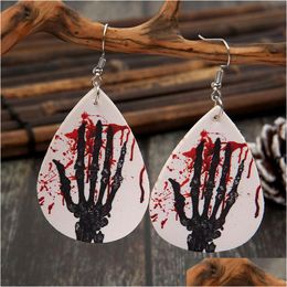 Charm Halloween Palm Earring Retro Hand Blood Drop Gedrukte lederen oorbellen voor vrouwen Feestsieraden Levering Dhelo