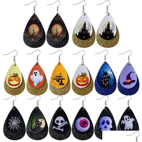 Charm Halloween Skl Pendientes de cuero para mujer Calabaza Estampado Gota Cuelga Pendiente Joyería al por mayor Entrega Dh9Zw