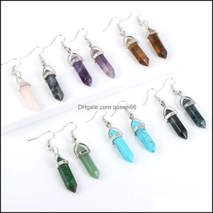 Charme Zhexagonaal prisma Rose Crystal Quartz Tiger Eye Opal Stone Charms Turquoises Oorbellen Amethysts Hangende oorbel mode Vrouwen Jood Dhv10