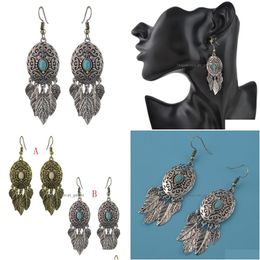 Charme Idealway Nouvelle Mode Bohème Plaqué Or Feuilles Turquoise Goutte Dangle Boucles D'oreilles Woems Fiançailles Cadeau Livraison Bijoux Dhgarden Dh6Tw