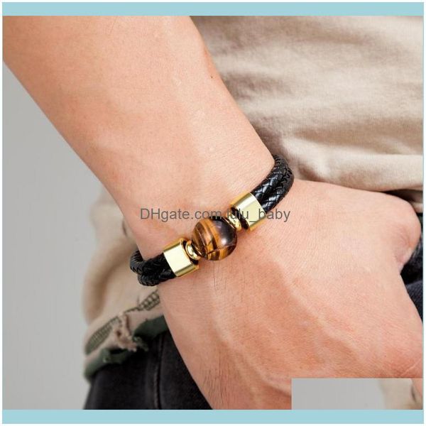 Charm Jewelry Classic Double Genuine Leather Bracelet Natural Round Tiger Eye Stone Hombres Pulseras Acero inoxidable Magnético Mens Jewelry Drop