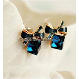 Charme bijoux mode couleur or nœud papillon Cube cristal boucle d'oreille carré arc boucles d'oreilles pour les femmes joli cadeau livraison directe Otiei