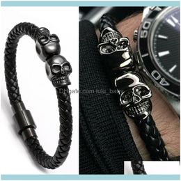 Bijoux à breloques Bracelets à breloques Tête de mort Bracelet Homme/Cuir véritable/Squelette/Tête de mort/Bracelet Homme Noir Aimant Homme Bijoux Pulseras Hombre Goutte