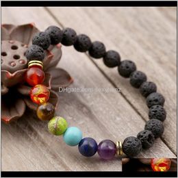 Charm JewelryKimter Black Volcanic Lava Bracelet 7 Chakra Natural Stone Essentiële olie Diffuser armbanden Yoga kralen Sieraden voor vrouwen Men B12