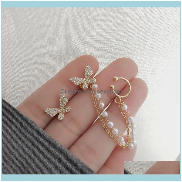 Bijoux de charme coréens élégants ailes de papillon mignon, Zircon et chaîne de perles arrière oreilles suspendues boucles d'oreilles pour les femmes boucles d'oreilles bijoux Drop Deli
