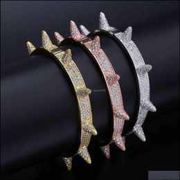 Charme bijoux de luxe glacé Bling cubique Zircon Hip Hop or Rose Sier couleur Rivet Bracelets Spike bracelets cadeaux pour hommes femmes Dro253U