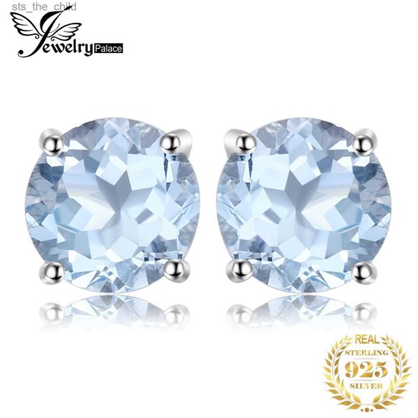 Charm JewelryPalace redondo 2ct auténtico Topacio Azul 925 pendientes tipo botón de plata fina joyería de moda para mujer regalo de aniversario C24326