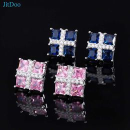 Charm Jitdoo Gorgeous Square Stud Blue Corundum Pendientes para mujeres Luxury Elegante Pink Cubic Zirconia Joyería de boda J230817