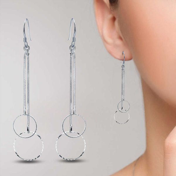 Charm KOFSAC Trendy 925 Pendientes de gancho de plata esterlina para mujer Creative Double Round Circle Earring Mujer Long Ear Line Jewelry Gift Z0323