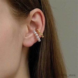Charm Koreaanse gouden kleur dubbele laag parelmeuze oorbellen voor vrouwen vintage geometrische cirkel oordante nep piercing clip sieraden