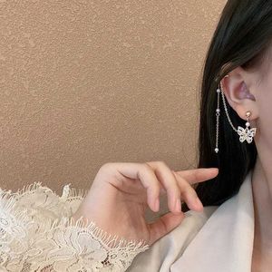 Charme Couleur en or coréen long Spotl Butterfly Clip d'oreille Boucle d'oreille pour femmes Fashion Zircon Pearl Chaîne Drop Oree Brocs Bijouts de mariage