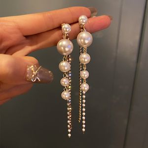 Boucles d'oreilles longues à breloques pour femmes, bijoux à la mode, imitation perle, pompon, goutte, Vintage, couleur or, 221119