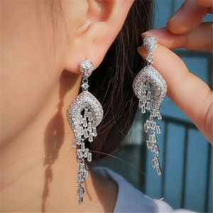 Charm Long Tassel Diamond Earring Designer for Woman Party Whie AAA Cubic Zirconia S925 Sterling Silver Needle South American Womens Wed Dangle Oorbellen Sieraden