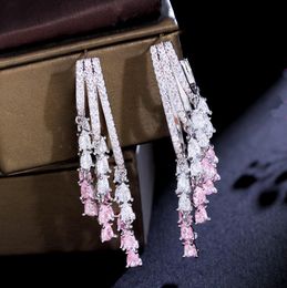 Charm Lange Tassel Pink AAA Zirconia Cubic Earring Designer voor Woman Party 925 Sterling Silver Post Diamond oorbellen Zuid -Amerikaanse bruiloftsbetrokkenheid sieraden