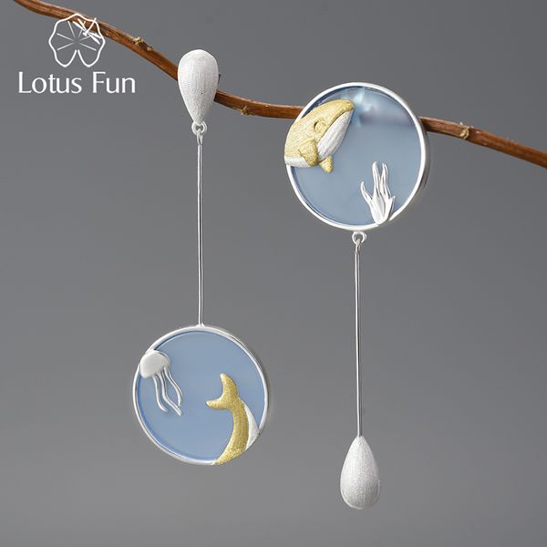 Charm Lotus Fun Agate Exclusive Gemstone Underwater World Whale asimétricos pendientes largos para mujer 925 joyería de plata esterlina 221119