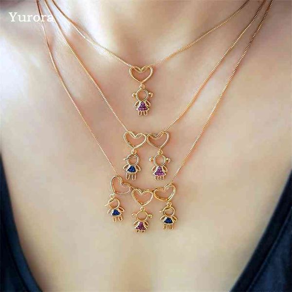 Charme Amour Fils Fille Collier Multicolore Zircon Famille Fille Garçon Coeur Pendentif Rose Or Chaîne Mère Cadeaux 210721