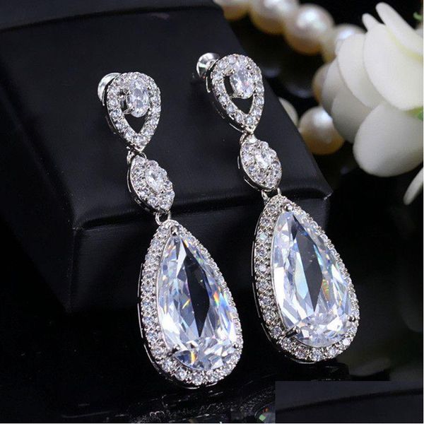 Charm Designer de boucles d'oreille de chute d'eau luxueuse pour la femme longue sier plaquée au champagne sud-américain blanc aaa cubic zirconia cuivre brid dhsod