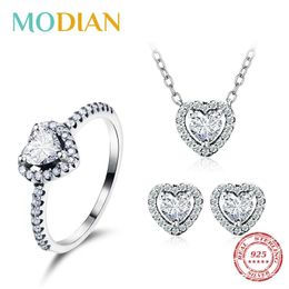 Charm Modian Sterling Sier Hart Modesets voor Vrouwen Charme Oorbellen Bruiloft Kettingen Engagement Statement Sieraden