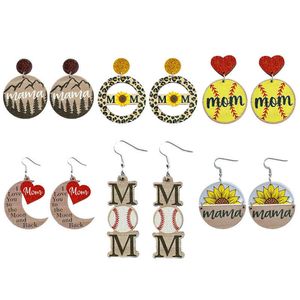 Charm Mother's Day Mama Bear houten oorbellen creatief balspel zonnebloemen printen I love you mom hart earring Z0324