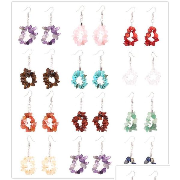 Charme Pierre Naturelle Hoop Charms Boucles D'oreilles Reiki Guérison Rubble Lapis Lazi Oeil De Tigre Quartz Rose Chakra Cristal Boucle D'oreille Goutte D Dhgarden Dhjrz