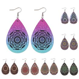 Charme des boucles d'oreilles de fleur de Mandala de style ethnique bohème avec boucles d'oreilles et boucles d'oreilles en cuir PU imprimées double face et boucles d'oreilles