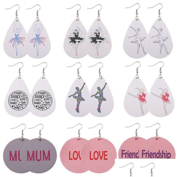 Encanto Nuevo diseño Pu Pendientes de cuero Ballet Amistad Mamá Amor Impreso Ronda Lágrima Cuelga Pendiente Para Mujer Chica Fiesta J Dhgarden Dhlpe