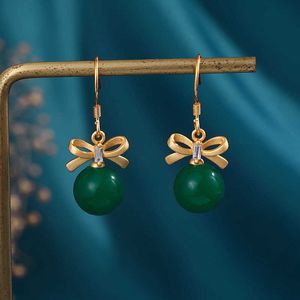 Charme nieuw in oude gouden vaartuigen Natural Hotan Jade Bead Oordrop Bowknot oorbellen voor vrouwelijke hofstijl Design sieraden Accessoires Z0323