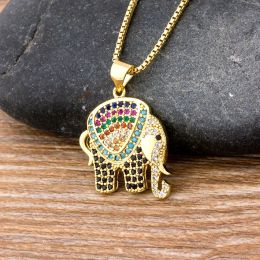 Collier à breloques en forme d'éléphant arc-en-ciel, pendentif en zircone, or jaune 14 carats, longue chaîne pour femmes, bijoux cadeau d'anniversaire