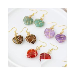 Charme Reiki Pierre Naturelle Charmes Boucles D'oreilles Fil Enroulé Coeur Pendentif Agate Rouge Quartz Rose Cristal Violet Pour Les Femmes Bijoux D Dhgarden Dh2Hp