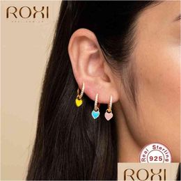 Charme Roxi Belle Ins Coeur Cristaux Rond Cerceau Pour Femmes Fille Rose Bleu Vert Cartilage Boucles D'oreilles 925 Sterling Sier Brincos Dhgarden Dheq1