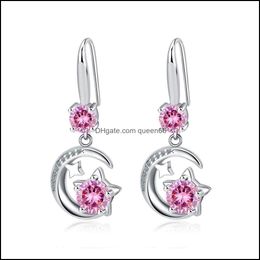 Charme S925 Timbre Argent Plaqué Boucles D'oreilles Étoile Lune Charmes Bleu Rose Blanc Zircon Boucle D'oreille Bijoux Brillant Cristal Cerceaux Pierci Dhseller2010 Dh8Is