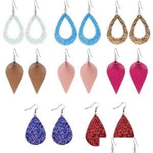 Charm Lentejuelas Pendientes de cuero en forma de lágrima para mujer Superficie brillante Mticolors Declaración Hoja Oval Cuelga Joyería de moda Entrega de gota Dhjam