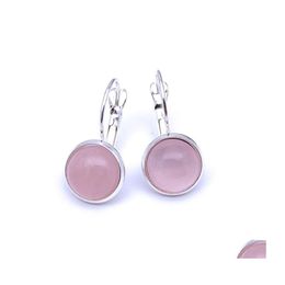 Charm Sier Plated 10Mm Roze Rozenkwarts Healing Crystal Charms Oorbellen Geometrische Natuursteen Oorbel Voor Vrouwen Sieraden Drop Delive Dhgeq