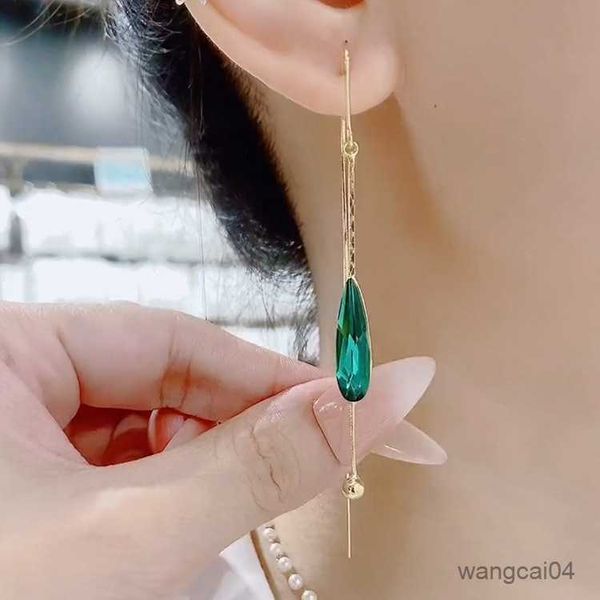 Pendientes largos con borlas simples de moda con cordón de cristal verde largo de Corea del Sur, joyería para mujer R230904