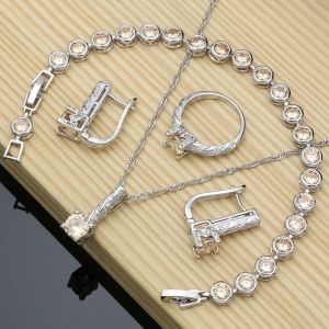 Charm Sterling Sier Bruidssieraden Sets Champagne Cz voor Vrouwen Oorbellen Indiase Sieraden Verjaardagscadeau