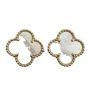 Boucles d'oreilles à tige à breloques deux fleurs, trèfle à quatre feuilles, dos en nacre, agate de titane plaqué or pour femmes et filles, bijoux de mariage pour la Saint-Valentin