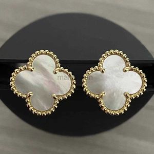 Boucles d'oreilles à tige à breloques deux fleurs 4/quatre feuilles dos nacre argent plaqué or 18 carats agate de titane pour femmes filles bijoux de mariage Saint-Valentin 240306