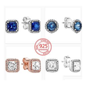 Charm The Fashion 925 Sterling Sier Blue Zirkon oorbellen Square Aura Classic vrouwelijke delicate Pandora sieraden accessoires Drop Dhxbu