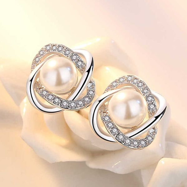 Charm Upscale 925 Pendientes de aguja de plata Zircon Pearl Twist Luxury Stud Pendientes para mujeres Brincos Pendientes Bijoux AA230519