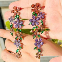 Charme Vintage Long Flowers Diamond Earring Designer For Woman Party 925 Sterling Sier post violet rouge aaa cubic zirconia women tassel otdrl