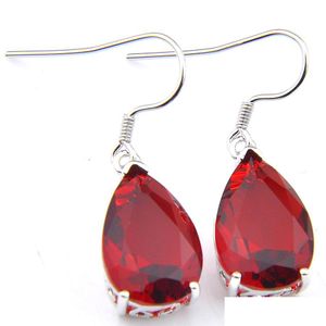 Charm Groothandel 12 paren Vintage Water Drop Red Oorrings 925 Sier Fashion For Lady New Style Garnet Gems Wedding Earring Levering 202 DHPQR