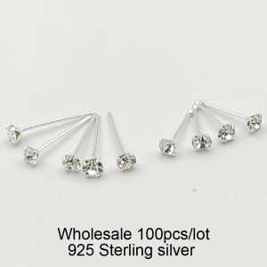 Breloque en argent Sterling 925, 2.5mm, rond, cristal clair, clou de nez, os, mode, piercing pour le corps, bijoux, 100 pièces/lot, vente en gros