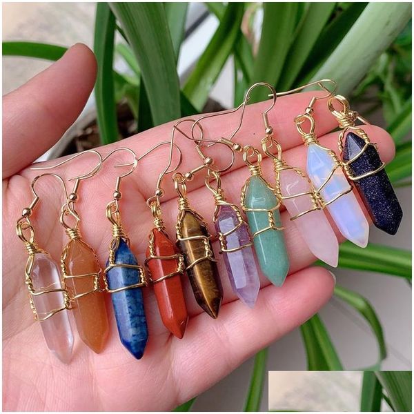 Charm Wire Wrap Charms en pierre naturelle Boucles d'oreilles pendantes Améthystes hexagonales Lapis Quartz violet Boucle d'oreille en cristal rose Chakra Pendum Delive Dhrhq