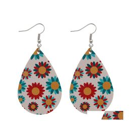 Charm Women Pu Leather Earrings Sunflower Daisy Print Patroon Boheemse faux Dange oorbel voor Girl Fashion Hook Party sieraden cadeaus OTG94