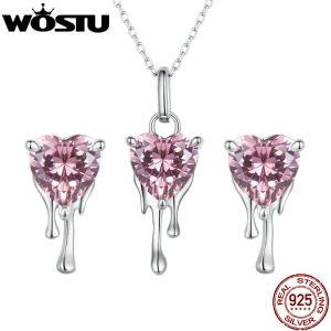 Charm Wostu Sterling Sier Hartvormig Roze Kristal Cz Kwastje Oorbellen Charme Ketting Valentijn Cadeau Bruiloft Sieraden Set